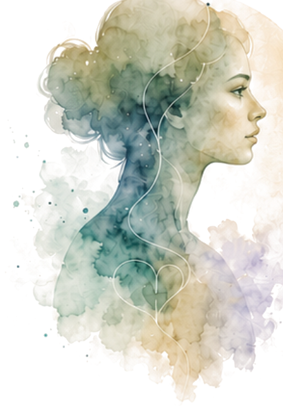 A human presence in watercolor, turned inward toward the headline