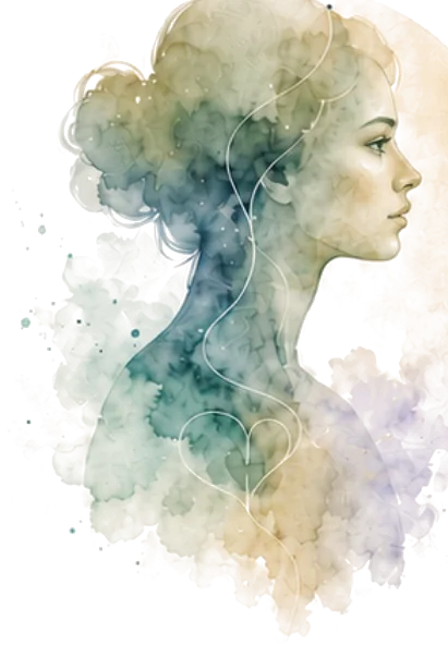 A human presence in watercolor, turned inward toward the headline